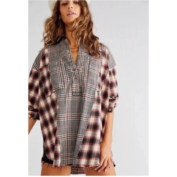 Free People Tops - FREE PEOPLE Wildfire Mixed Plaid Flannel Long Sleeve Top Boho XS Oversized! EUC